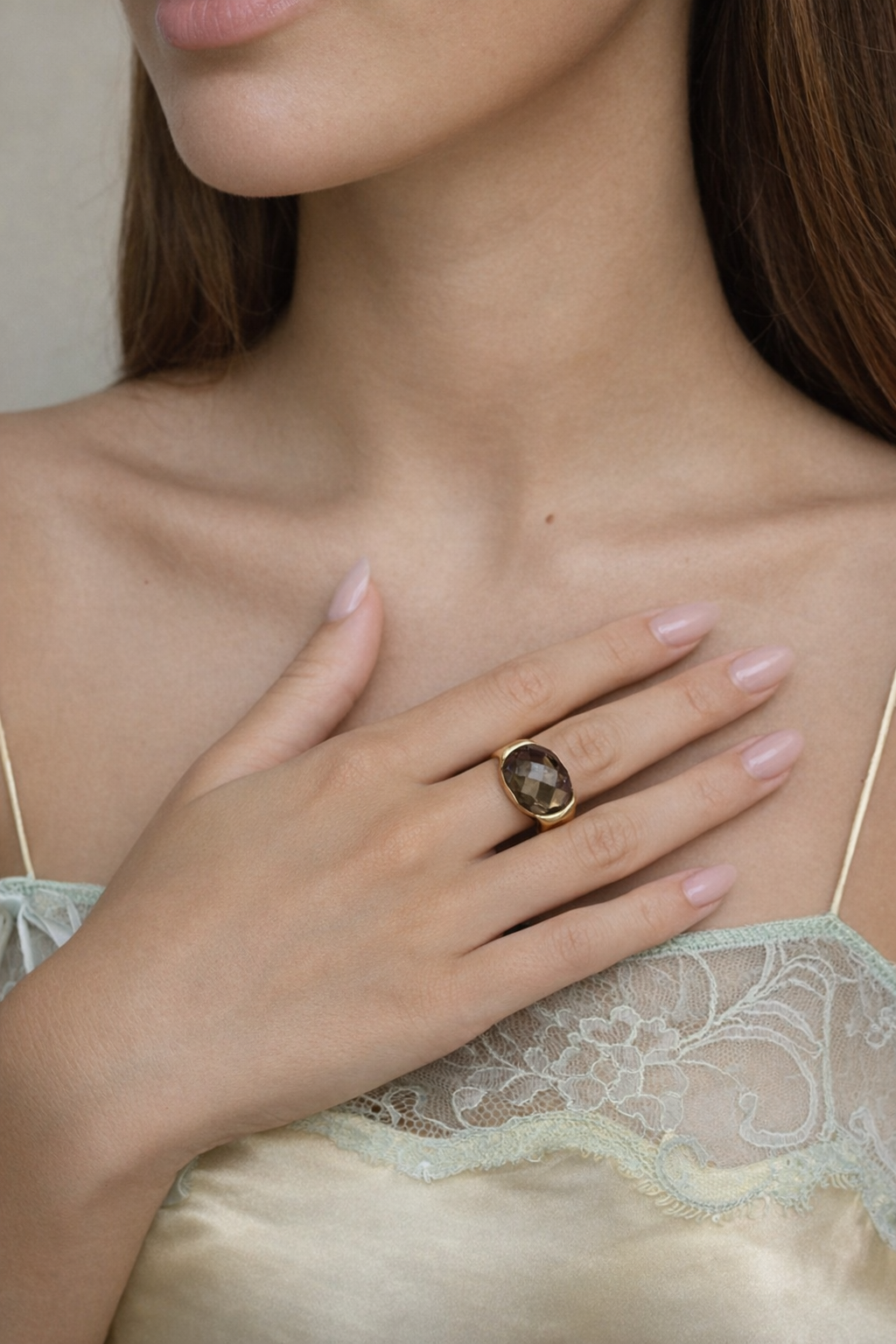 Bruna Smoky Topaz Cushion Ring - 18K Gold Inlay Statement Band