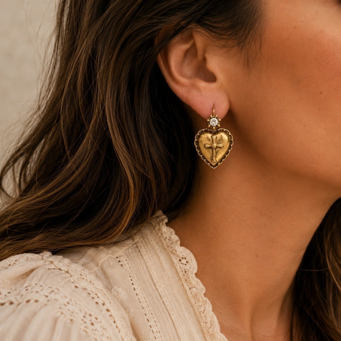 Sacred Heart Crystal Earrings|Gold-Plated Statement Earrings