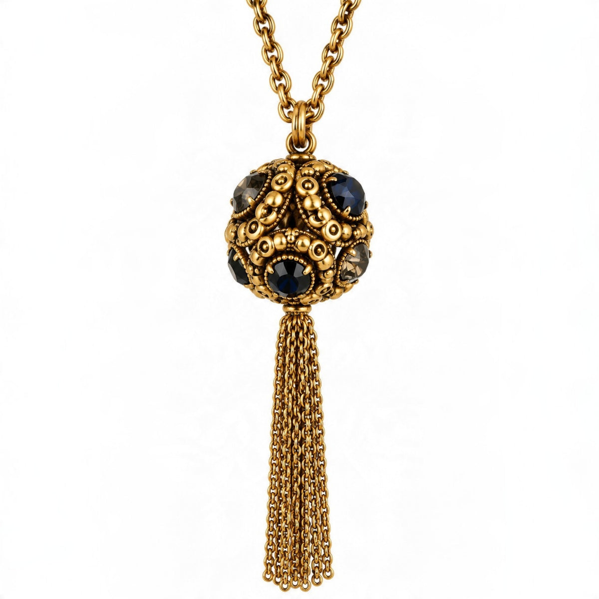 Antique Gold Midnight Crystal Sphere Tassel Necklace