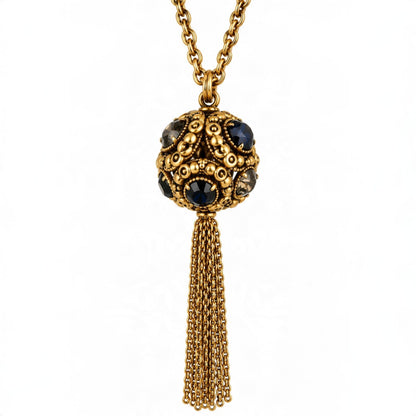 Antique Gold Midnight Crystal Sphere Tassel Necklace