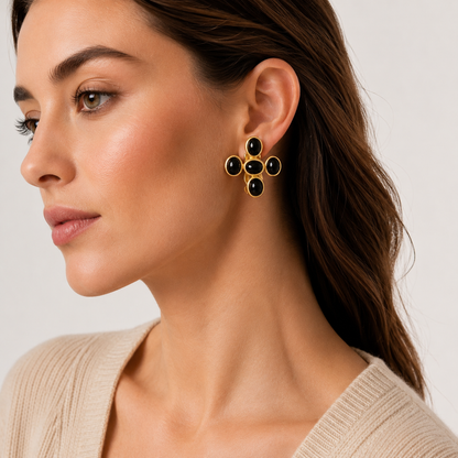Vintage Christine Valmy Black Cabochon Clip-On Earrings | Gold Tone Statement Earrings