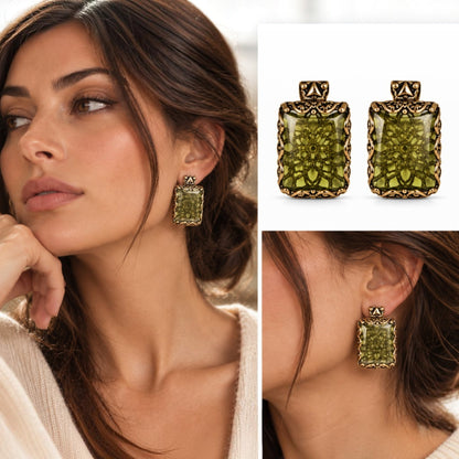 Olive Crystal Filigree Statement Earrings