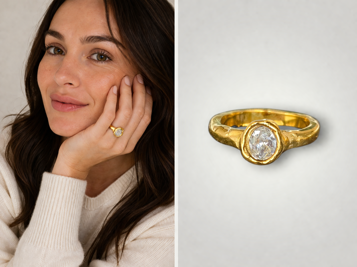 18K Gold Plated Hammered Oval Crystal Ring