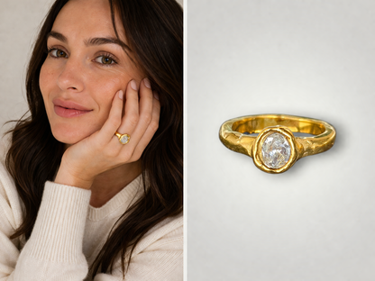 18K Gold Plated Hammered Oval Crystal Ring