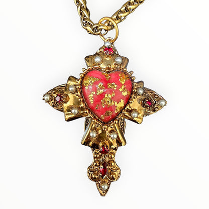 Sacred Heart Cross Necklace – Red Enamel & Gold Leaf