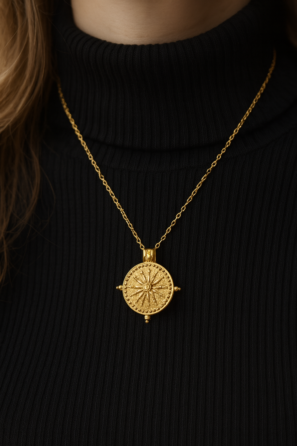 Solaris Sunburst Medallion Necklace - 18ct Gold Plated Stainless Steel