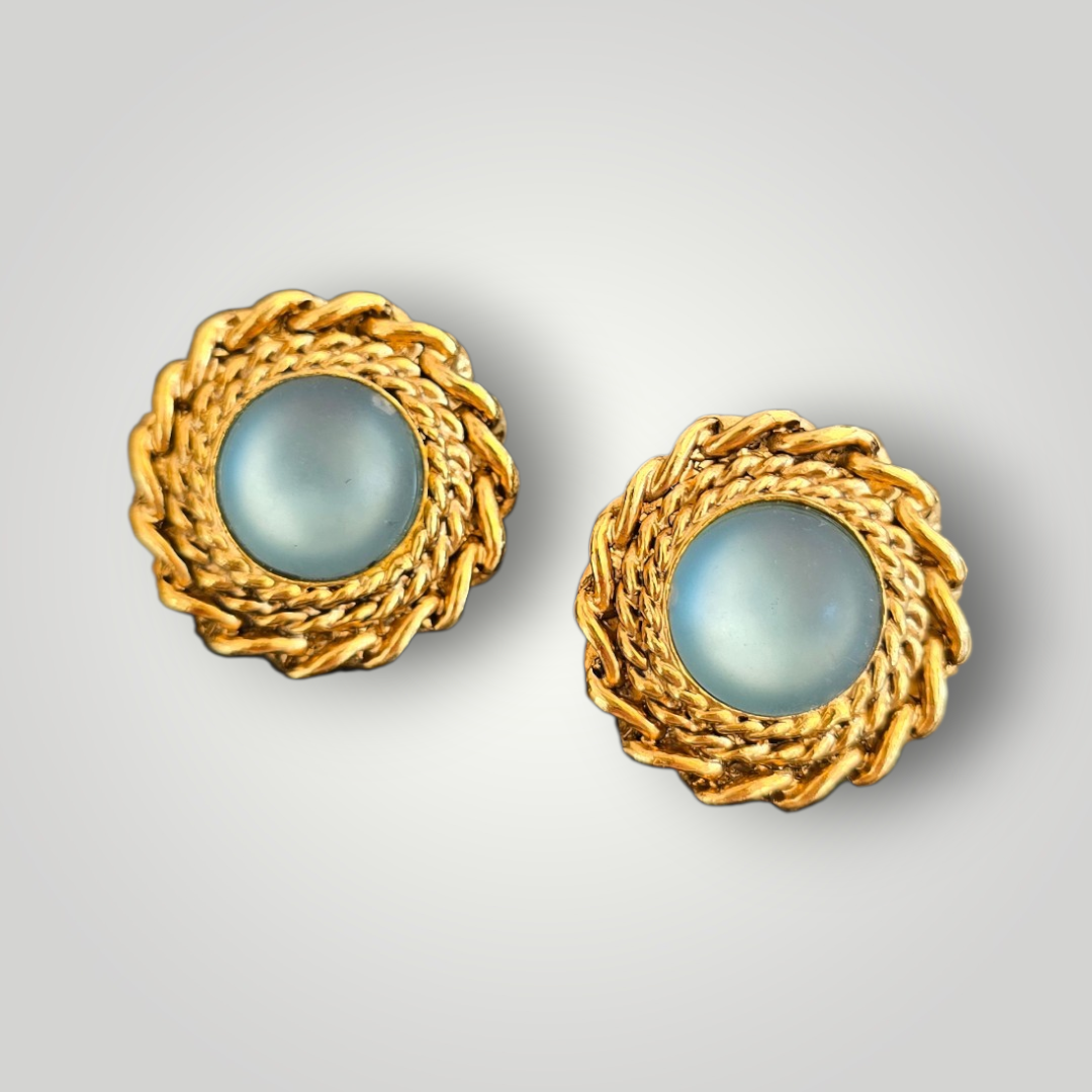 Vintage Azure Cabochon Rope Earrings - Signed SMK