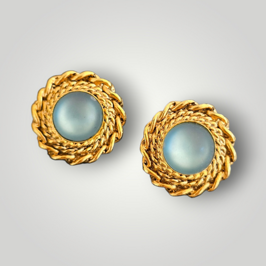 Vintage Azure Cabochon Rope Earrings - Signed SMK