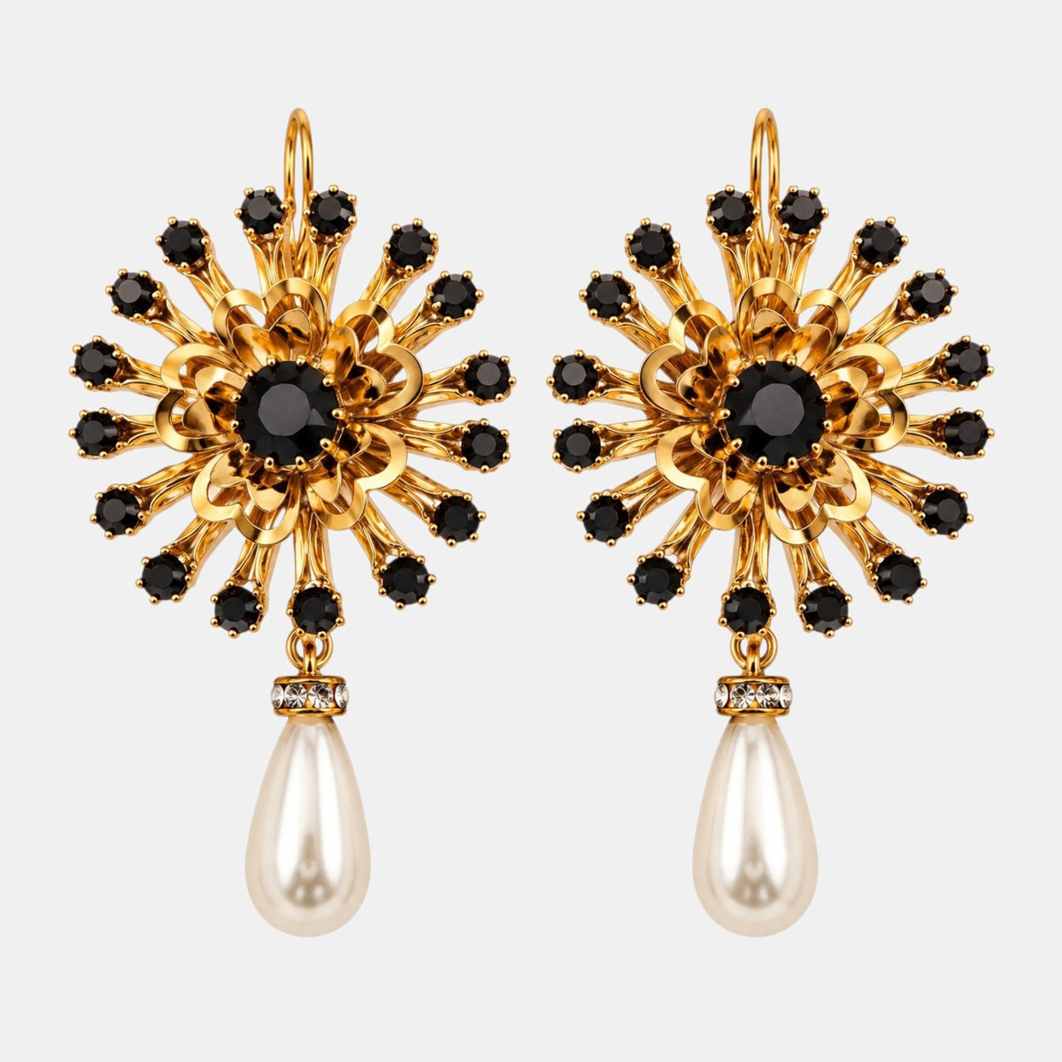 Black Crystal Sunburst & Pearl Drop Earrings