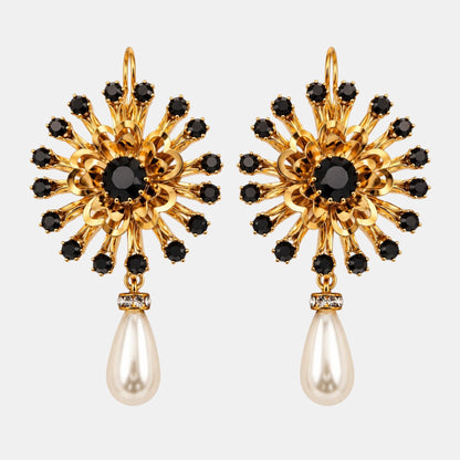 Black Crystal Sunburst & Pearl Drop Earrings