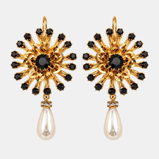 Black Crystal Sunburst & Pearl Drop Earrings