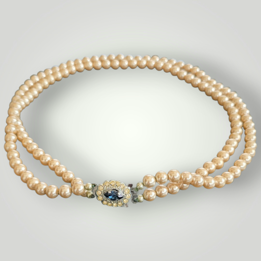 Vintage Pearl Double Strand Choker with Sapphire & Rhinestone Clasp