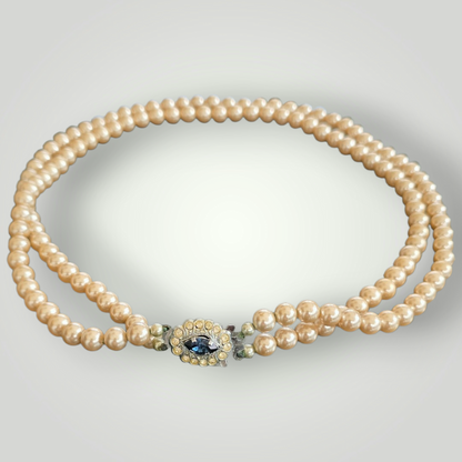 Vintage Pearl Double Strand Choker with Sapphire & Rhinestone Clasp