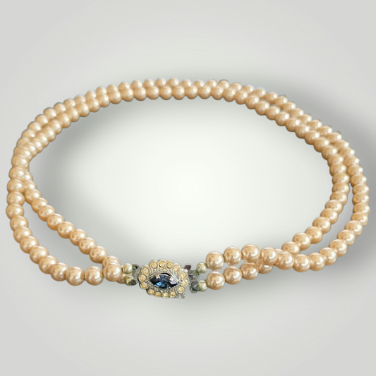 Vintage Pearl Double Strand Choker with Sapphire & Rhinestone Clasp