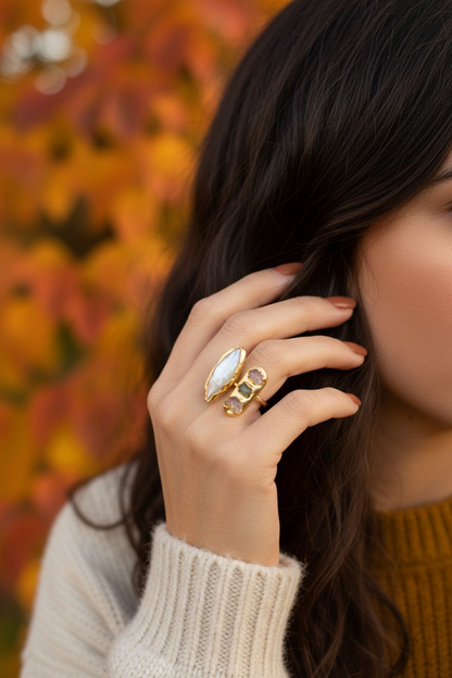 Sara Gemstone & Pearl Ring - 18ct Gold Plated Brass