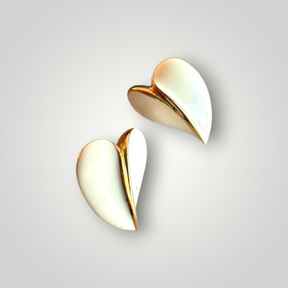 Vintage White Enamel Leaf Stud Earrings | Gold Tone Sculptural Earrings