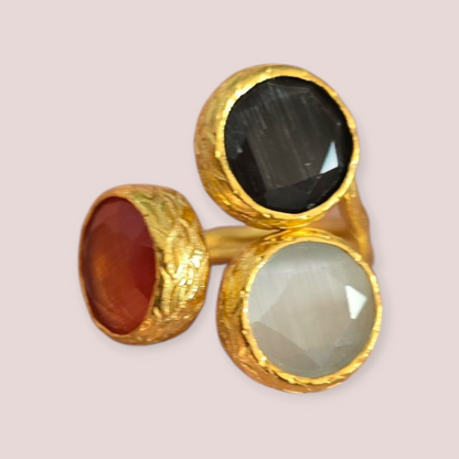 Trinity Gemstone Ring – Amethyst, Moonstone & Carnelian in 18ct Gold Plating
