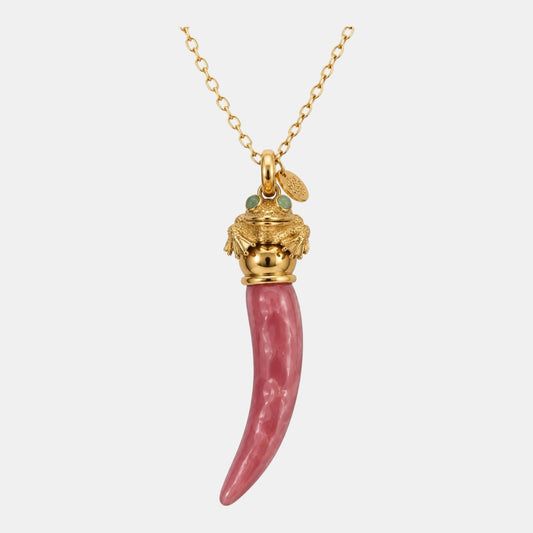 Dusty Pink Cornicello Necklace with Gold Frog Detail