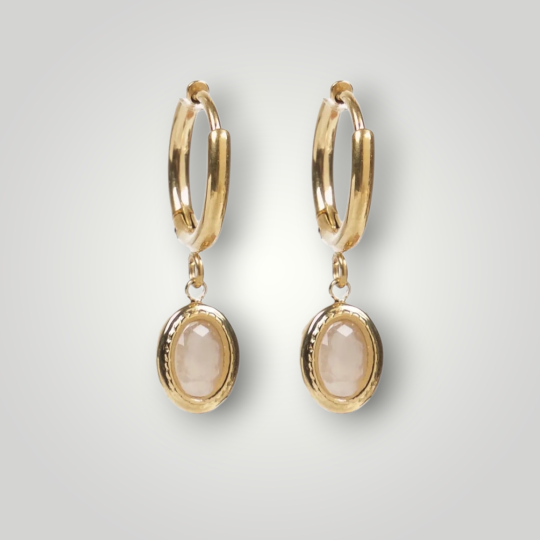 Oval Drop Hoop Earrings – Green / White Stones