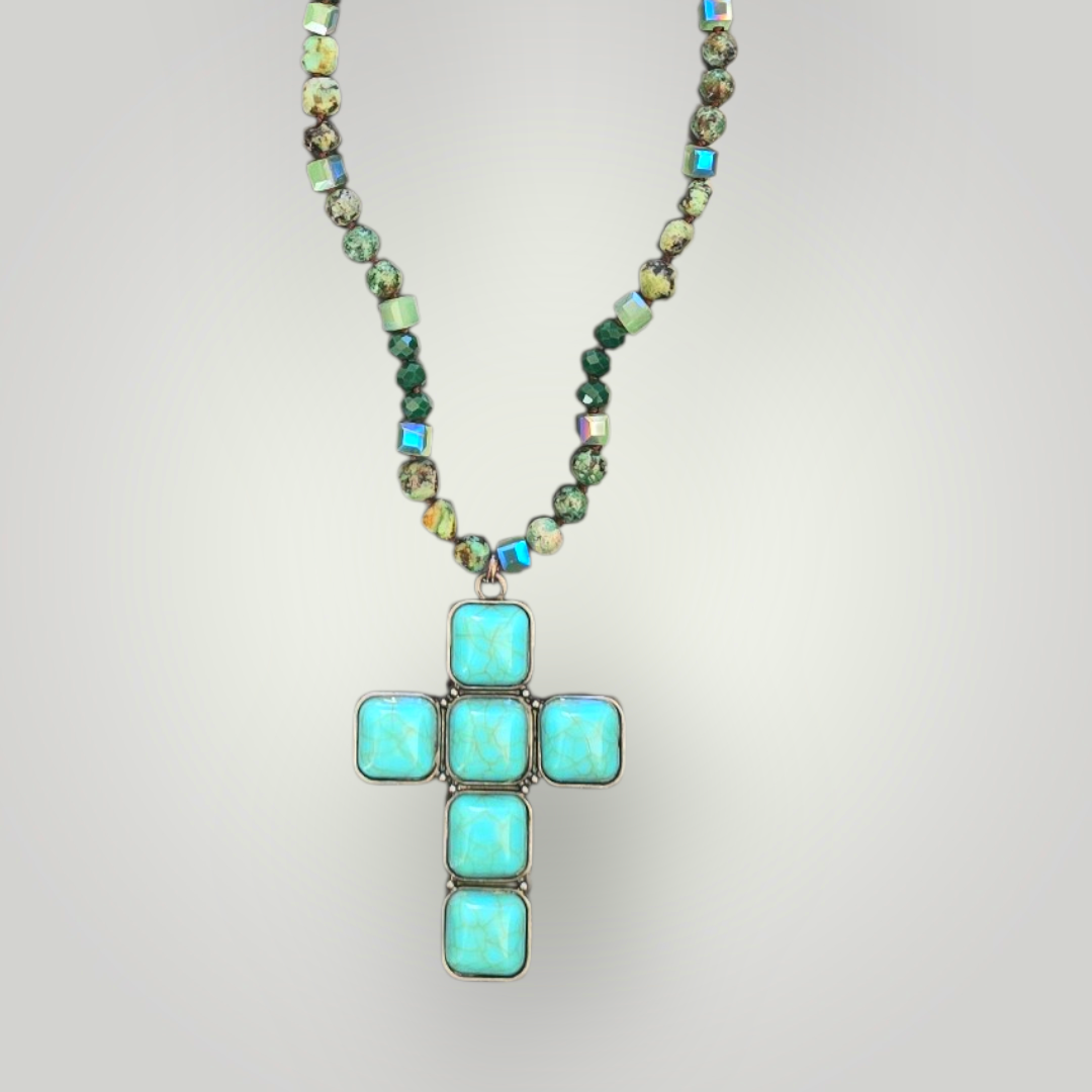 Vintage Turquoise-Style Cross Beaded Necklace