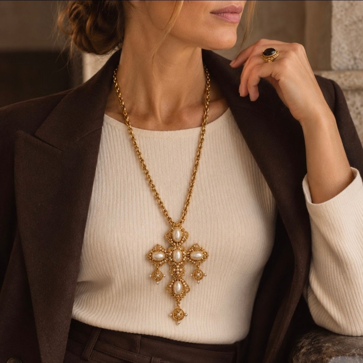 Ornate Pearl Cross Statement Necklace