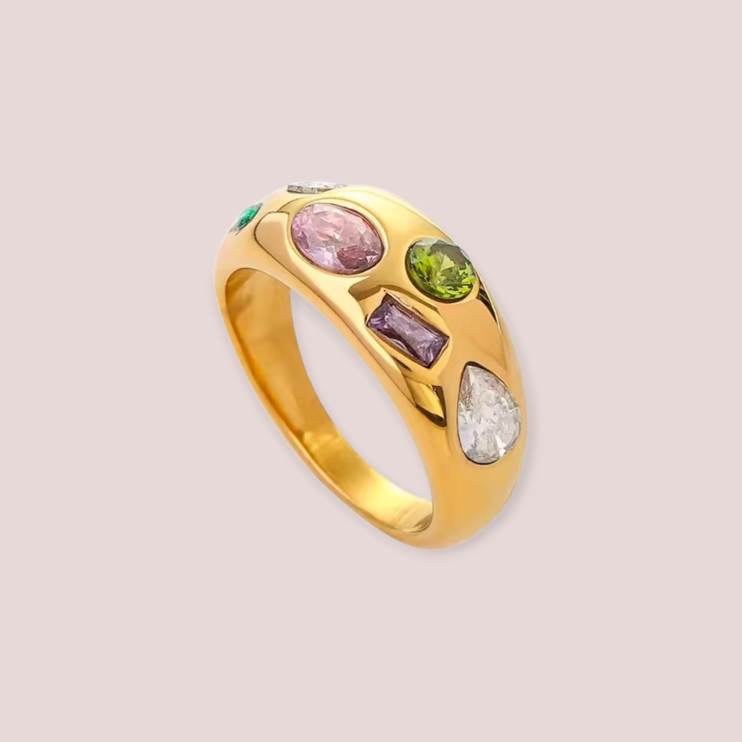 Luna Multicolour Gemstone Dome Ring – Waterproof 18k Gold Stainless Steel