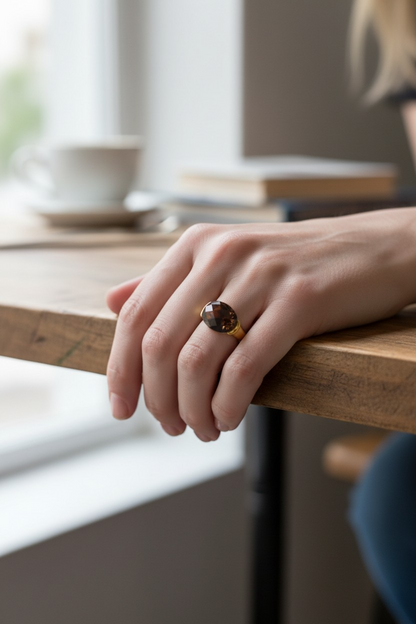 Bruna Smoky Topaz Cushion Ring - 18K Gold Inlay Statement Band