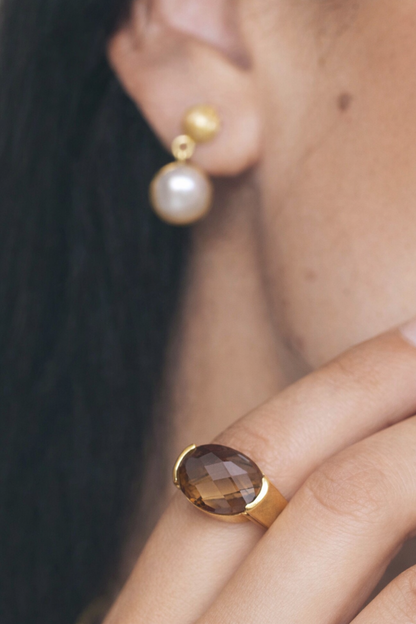 Bruna Smoky Topaz Cushion Ring - 18K Gold Inlay Statement Band