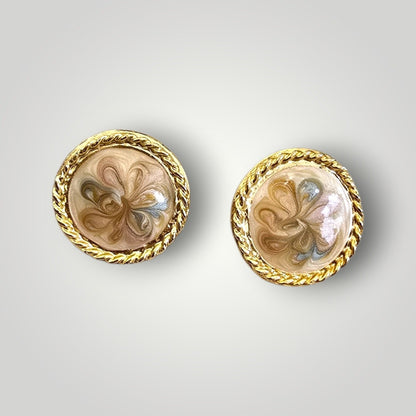 Vintage Marbled Enamel Clip-On Earrings | Gold Tone Round Statement Earrings