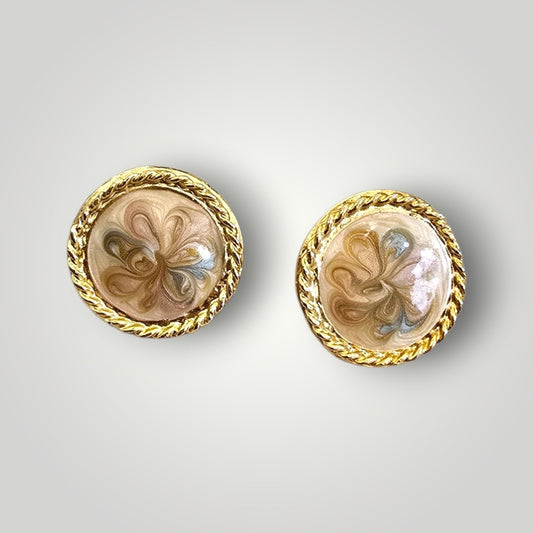 Vintage Marbled Enamel Clip-On Earrings | Gold Tone Round Statement Earrings
