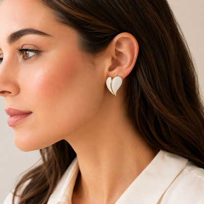 Vintage White Enamel Leaf Stud Earrings | Gold Tone Sculptural Earrings