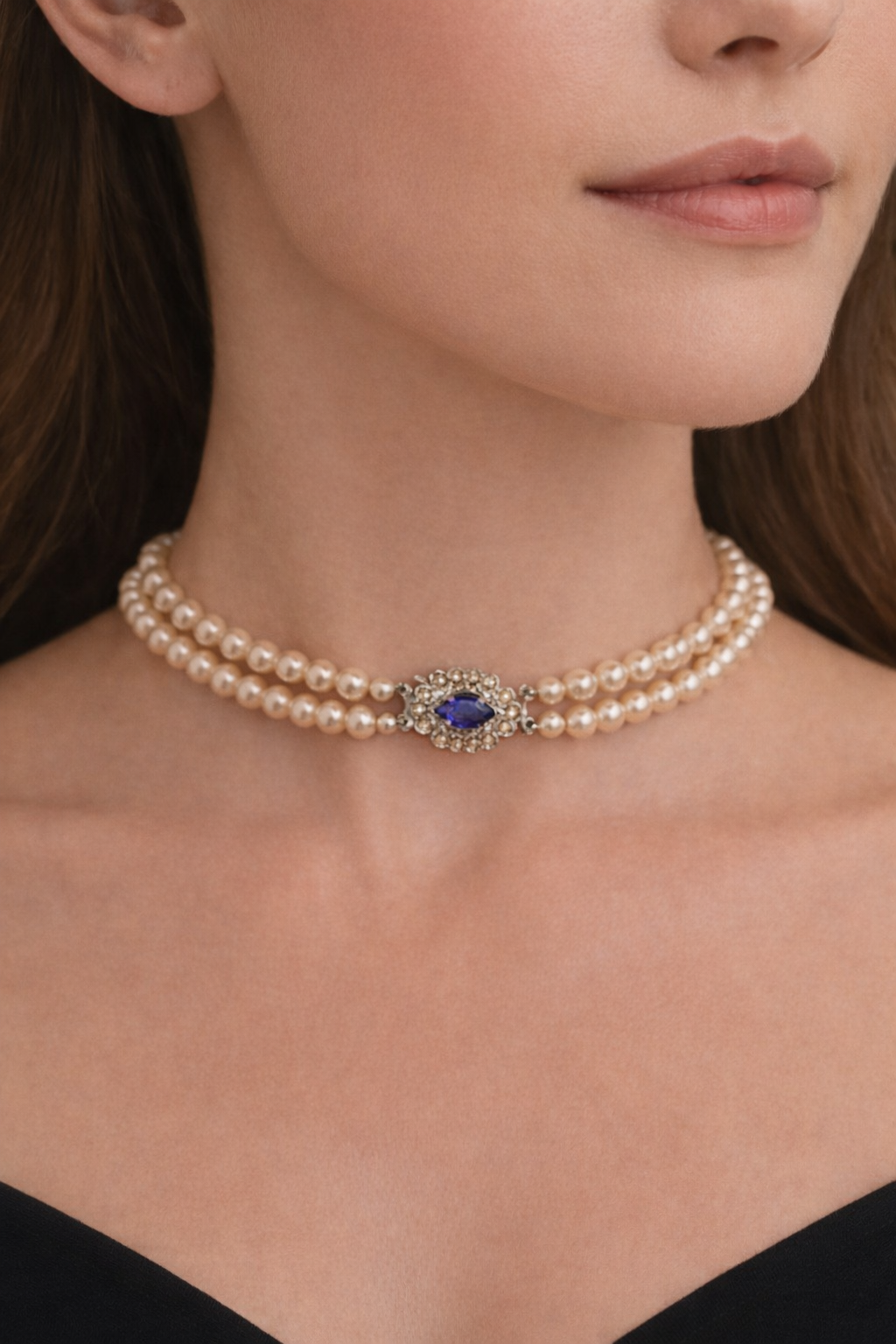 Vintage Pearl Double Strand Choker with Sapphire & Rhinestone Clasp
