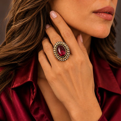 Garnet Red Ornate Cocktail Ring