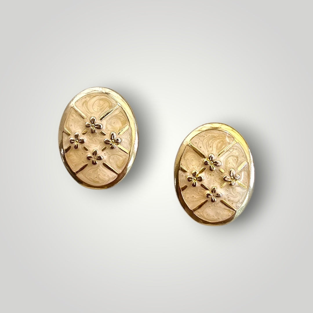Vintage Gold Tone Floral Oval Clip-On Earrings