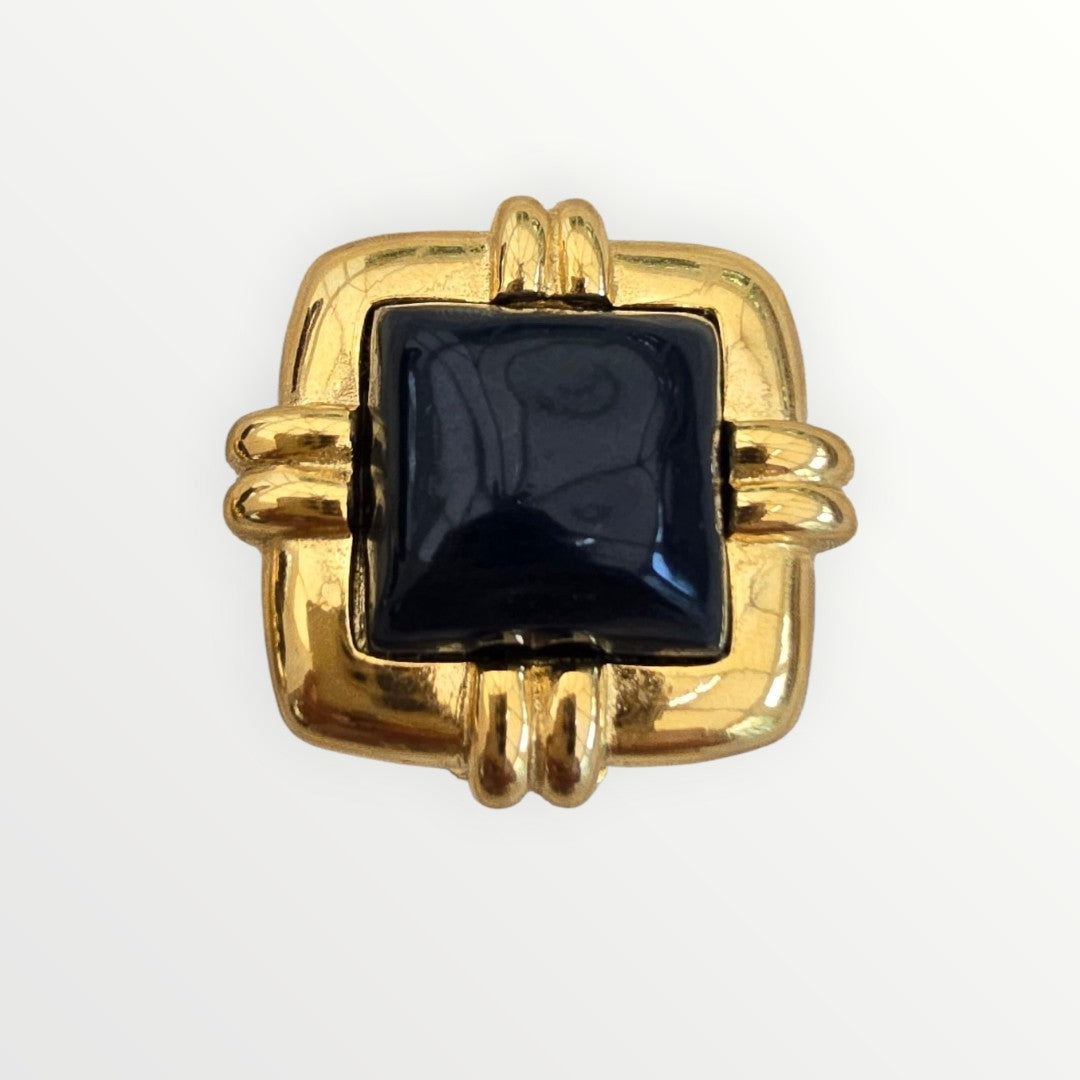 Vintage VO Gold Tone Black Cabochon Clip-On Earrings | Signed USA Designer Vintage