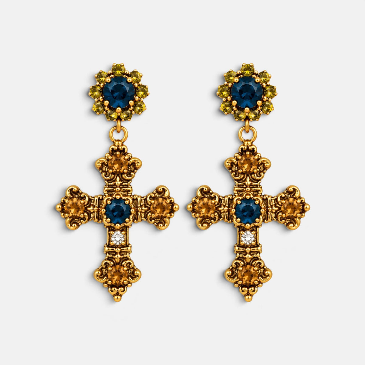 Montana Blue & Golden Crystal Cross Earrings