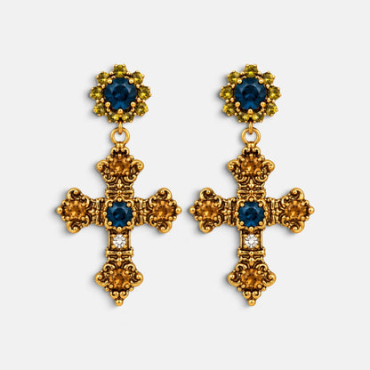 Montana Blue & Golden Crystal Cross Earrings